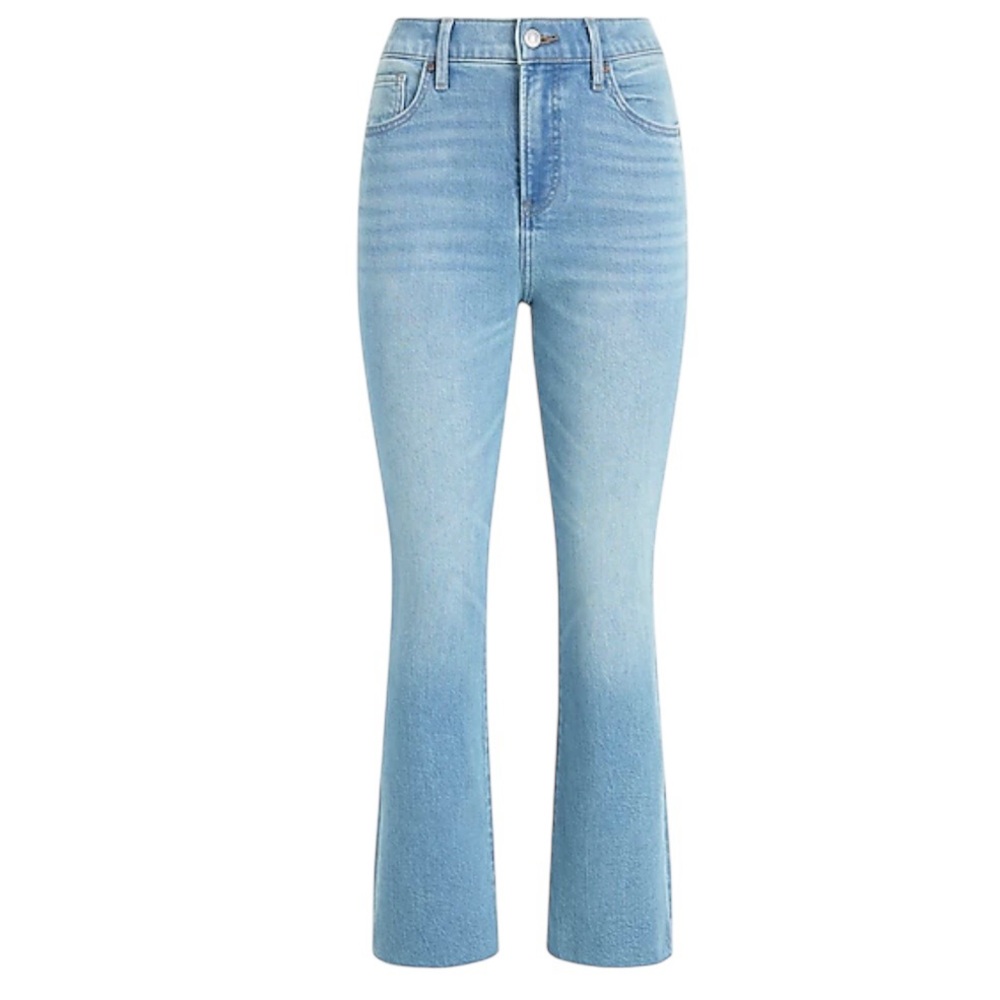 Express Cropped Flare Light Wash High Rise Raw Hem Stretch Jeans Size 12 Long - Picture 4 of 13
